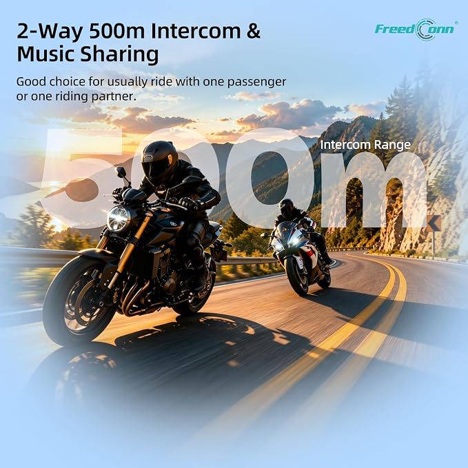 FreedConn KY V2 Motorcycle Bluetooth 6.0 Headset, Helmet Intercom Communication Systems with IP65 Waterproof, ENC Noise Cancellation, 2 Riders 500m, 1 Pack