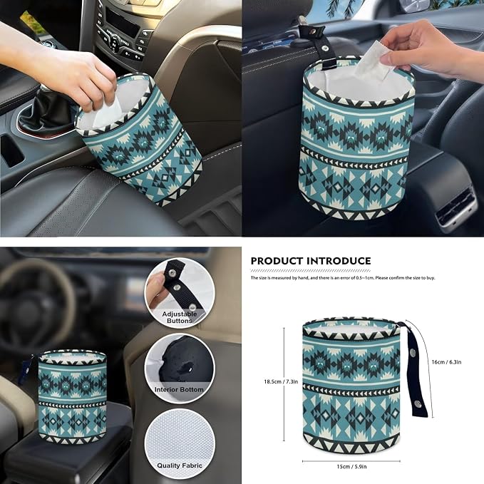 Southwestern Aztec Blue Car Seat Covers Set of 15 with Universal Steering Wheel Cover, Rearview Mirror Cover, Car Trash Can, Seatbelt Pads, Cup Holder Coasters, Keychains