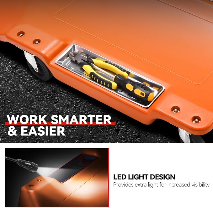 Auto Dynasty 40 Inches Mechanic Creeper, Automotive Garage Repair Low Profile Under Car Rolling Creeper with LED Light and Padded Headrest, Plastic, Orange