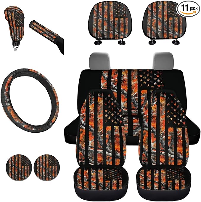 KEIAHUAN Car Seat Covers Front Back Includes Handbrake Gear Shift Knob Cover Steering Wheel Cover Headrest Cover Car Cup Coasters Auto Interior Accessories(Camo Hunting American Flag)