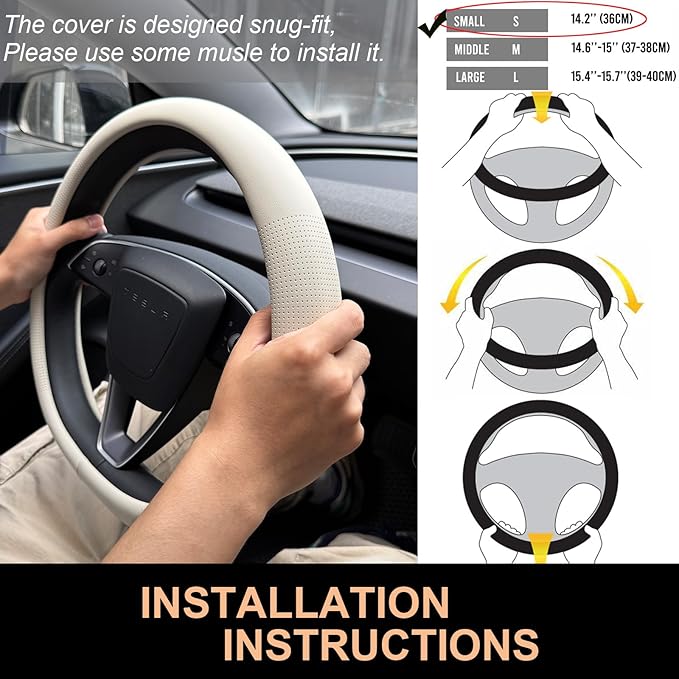 PINCTROT Nappa Leather Steering Wheel Cover for Tesla Model Y/3 Highland/Juniper, D Shaped 14 Inch Small Sized with Breathable Perforation, Fit Like Gloves, Flat Bottom 14 Inch(Nappa Beige)