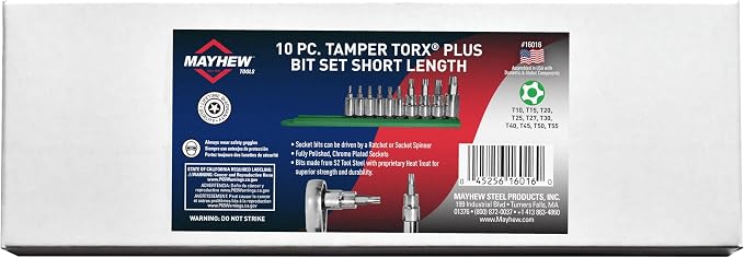 Mayhew Tools 16016 Tamper-Proof Torx Plus Socket Bit Set, Chrome Plated, 10-Piece