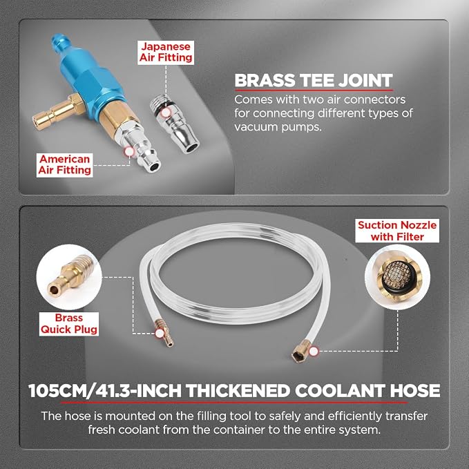 CMTOOL Coolant Vacuum Refill Kit, Universal Vacuum Coolant Fill Kit, Car Cooling System Filler Tool Set with 41.3 Inch Fill Hose, Pressure Gauge, 2 Quick Connect Adapters