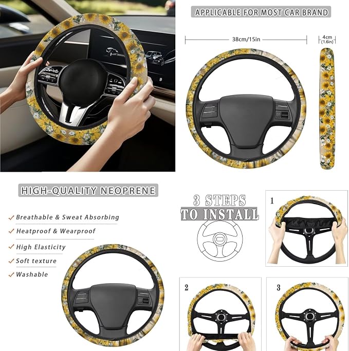 Sunflower Highland Cow Car Seat Covers Full Set for Women Cute Car Accessories Interior Car Steering Wheel Cover Seatbelt Covers Trash Bin Rear View Mirror Cover Cup Holders Keychain
