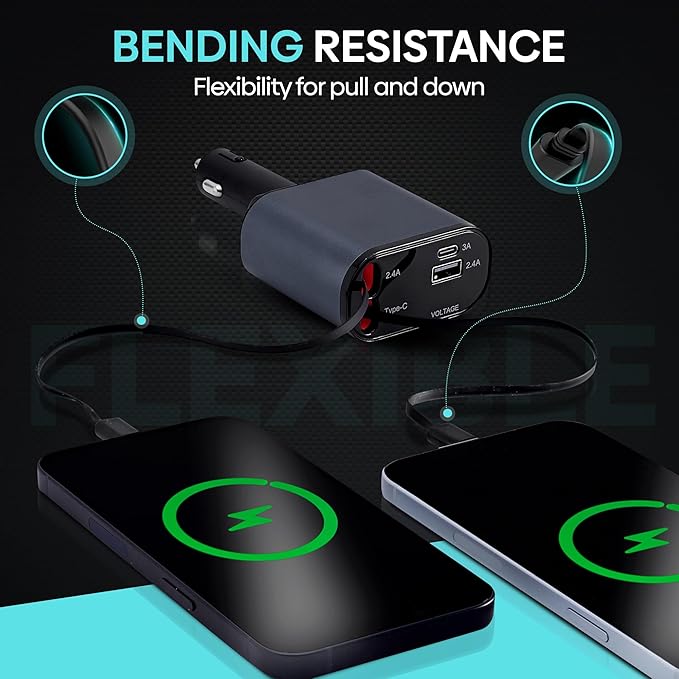 Retractable Car Charger | 4 in 1 Fast Car Phone Charger 120W | Retractable Cables and USB Car Charger | Compatible with iPhone 15/14/13/12/11, Galaxy, Pixel | Car Accessories | iPhone Car Charger