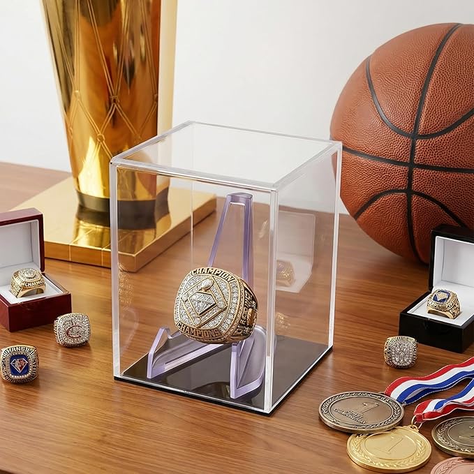 Hooqict Championship Ring Display Case Clear Acrylic Ring Case Display Box UV Protected with Base for Sports Baseball Softball Football Single Ring Coin Holder Stand
