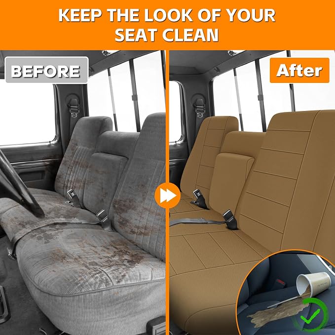 Truck Seat Cover Compatible with 1987-1991 Ford F150 Front Bench with Opening Armrest and Molded Headrest (Tan, 1987-1991 F150)