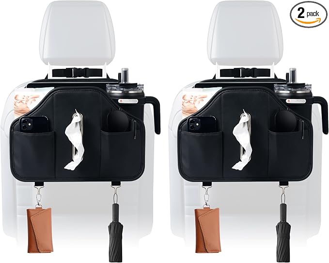 Upgraded Car Seat Back Organizer With Extra Large Tissue Holder Fits For Kleenex Tissue Box (50-230ct), PU Leather Headrest Seat Back Storage Accessories (Black-2 Packs)