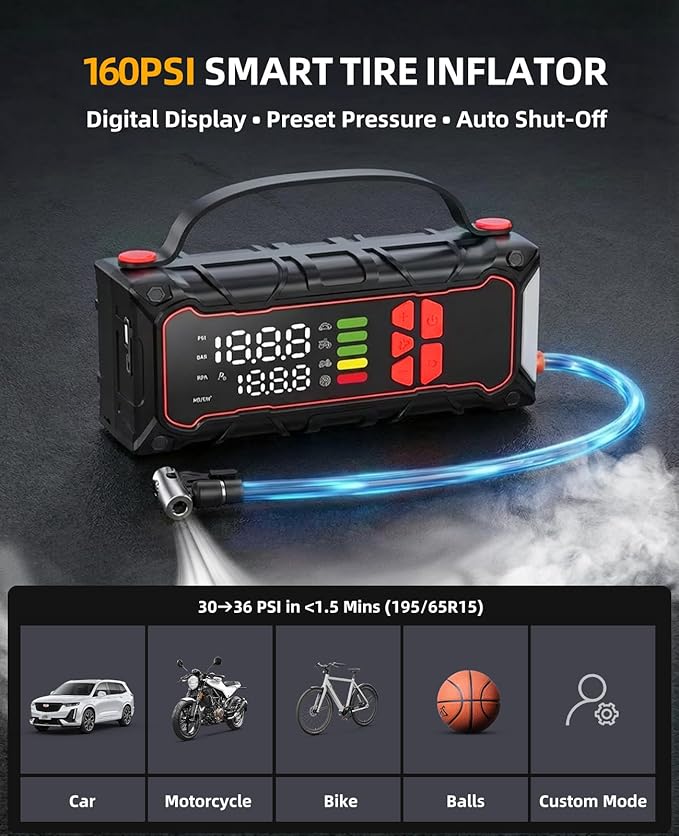 5000A Car Battery Jump Starter with Air Compressor 160PSI, Car Battery Charger 7.0L Gas/6.0L Diesel, Jumper Box for Car Battery with Tire Inflator & Power Bank& Jumper Cables