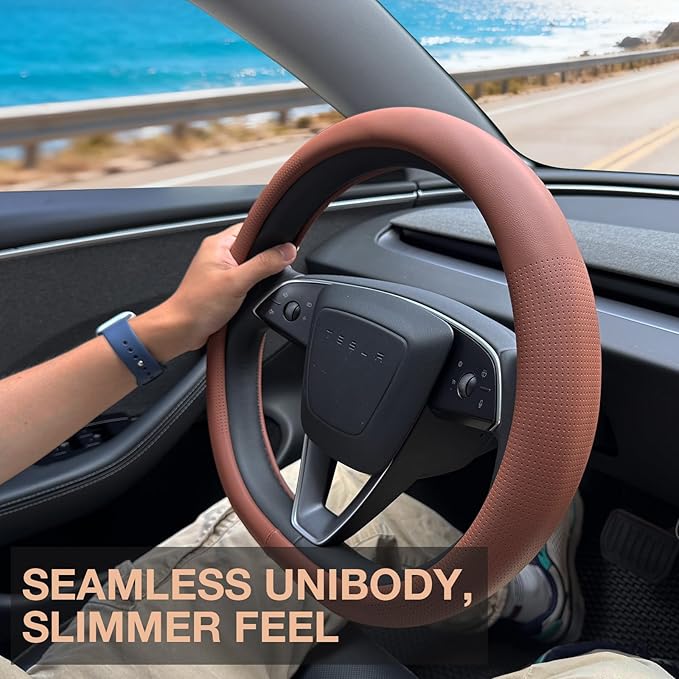 PINCTROT Nappa Leather Steering Wheel Cover for Tesla Model Y/3 Highland/Juniper, D Shaped 14 Inch Small Sized with Breathable Perforation, Fit Like Gloves, Flat Bottom 14 Inch(Nappa Brown)