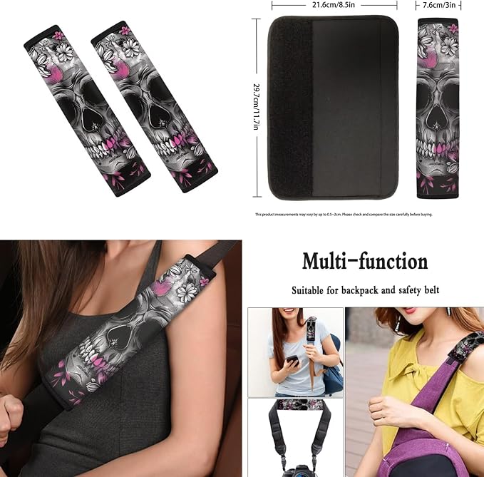 Howilath Purple Flower Skull Auto Front Seats Protector with Center Console Cover+Steering Wheel Cover+Seatbelt Pads+Keychain+Coasters Car Accessories Set of 10
