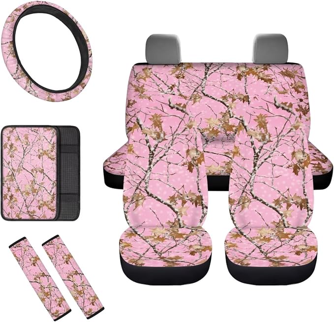 Pink Camo Maple Leaf Car Seat Covers Full Set 8 Pcs Car Accessories for Women Front Seat Cover Steering Wheel Armrest Cover Seat Belt Cover for Auto SUV Interior Decoration