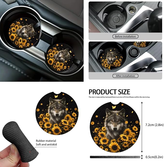 Wolf Sunflower Black Print Car Accessories Car Seat Covers Full Set with Steering Wheel Covers+Seat Belt Pads+Coasters+Keychain+Lipstick Holder Universal Fit 13 Pack