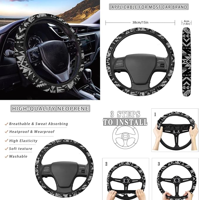Wanyint Black Aztec Print Car Seat Cover for Women Men Full Set Steering Wheel Cover Shift Knob Handbrake Protector Coasters Head Rest Covers Universal Fit Most Cars SUV Sedan