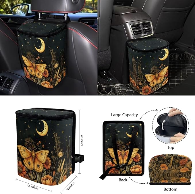 Moon Moth Car Aaccessories Full Set of 15 Pcs, Mushroom Car Seat Covers Set with Rear View Mirror Cover,Steering Wheel Covers,Car Trash Can with Lid for Women Man,Universal Fit