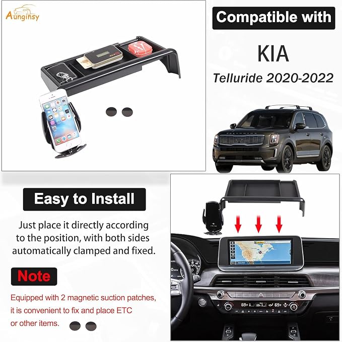 Aunginsy Center Console Dash Storage Tray with Mobile Phone Mount Compatible with Kia Telluride 2020-2022, Dashboard Multi-Functional Phone Holder Storage Box, Dash Organizer Tray Insert Accessories