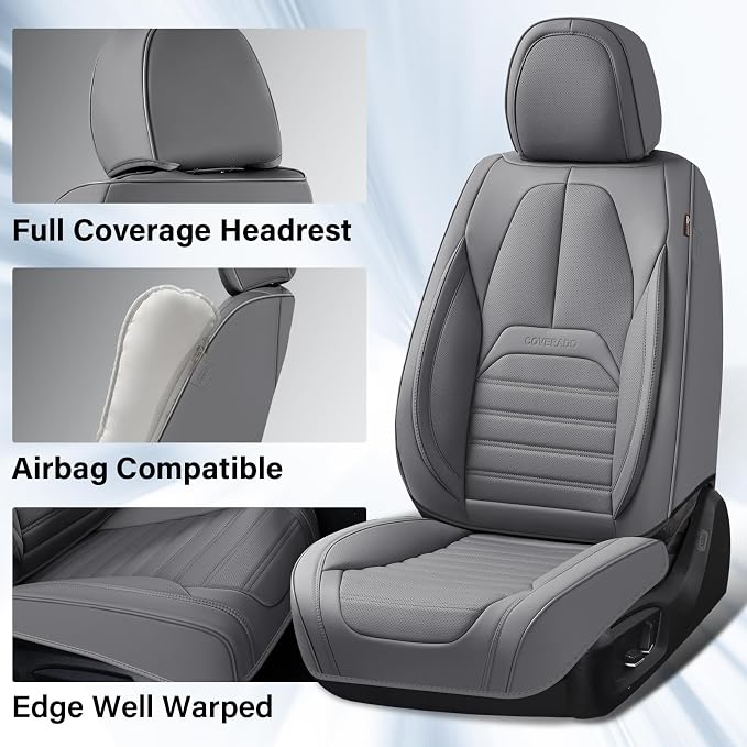 Coverado Seat Covers, Car Seat Covers Front Seats, Automotive Seat Covers, Waterproof Nappa Leather Car Seat Cover, Car Seat Cushion, Gray Seat Covers Carseat Cover Universal Fit for Most Cars