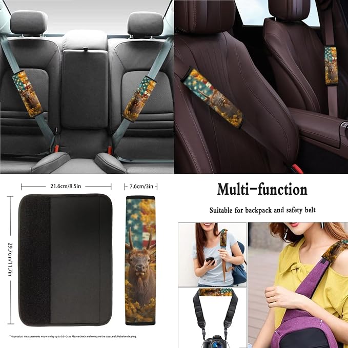 Xoenoiee American Flag Deer Butterfly Sunflower Car Seat Covers and Accessories, Front Rear Seat Covers, Steering Wheel Cover, Seat Belt Pads, Coasters, Keychains for Car SUV Decor, 11 PCS Set