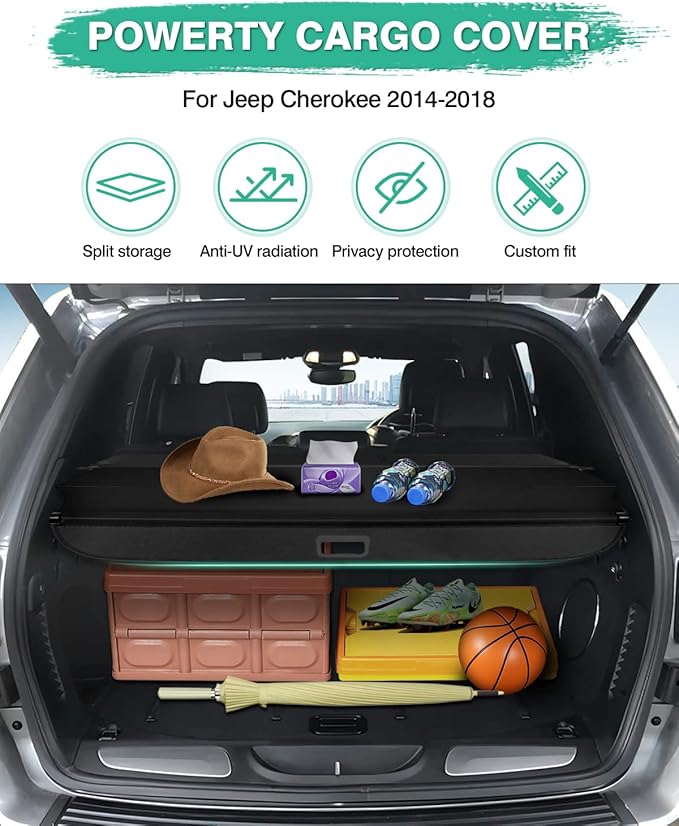 Powerty Cargo Cover for 2014 2015 2016 2017 2018 Jeep Cherokee Accessories Trunk Cover Retractable Trunk Shielding Shade Cargo Luggage Cover No Gap (Not for Jeep Grand Cherokee or Latitude)
