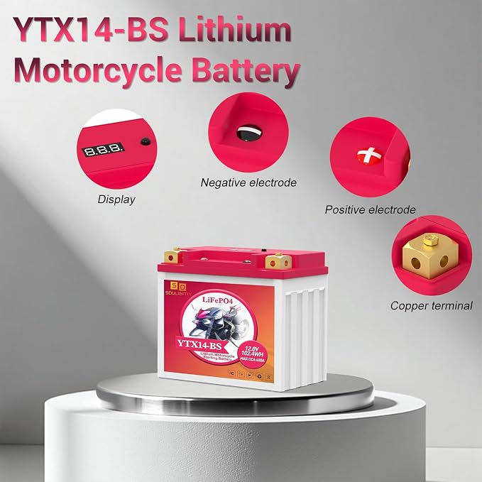 YTX14-BS Lithium Motorcycle Battery, ATV Battery 12V 8AH 600CCA Powersports LiFePO4 Engine Start Compatible ATV, UTV, Jet Ski, Quad, Lawn Mower, Tractor, Scooter, Generator