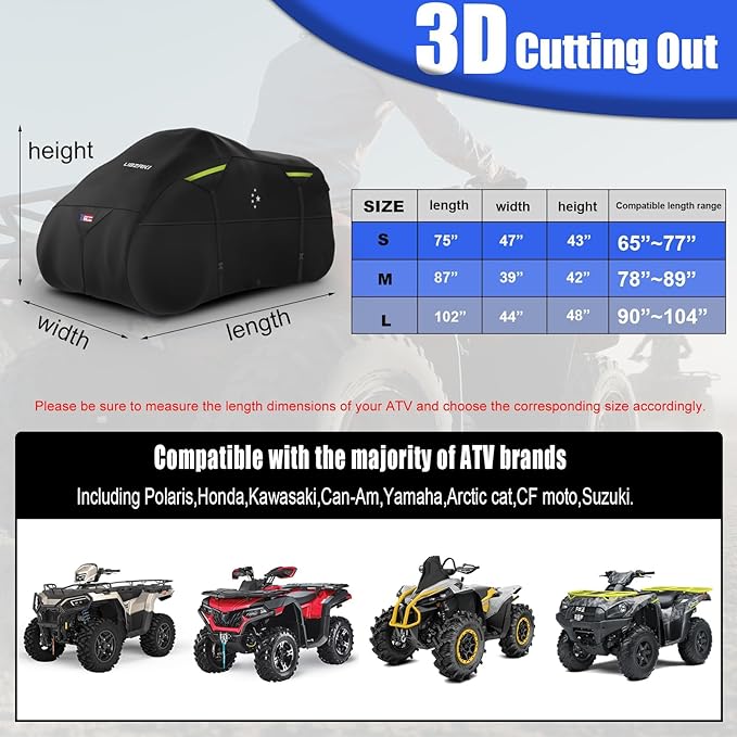 600D ATV Cover Waterproof Heavy Duty Trailerable 4 Wheeler Quad All Season Weather Proof Outdoor UV Protection for Polaris Kawasaki Yamaha Suzuki Can-Am Black-L