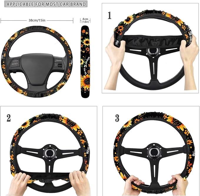POLERO Sunflower Car Seat Covers for Women Floral Steering Wheel Cover You are My Sunshine Seatbelt Covers with Dog Paws Print Coasters Cute Keychains, 11pcs