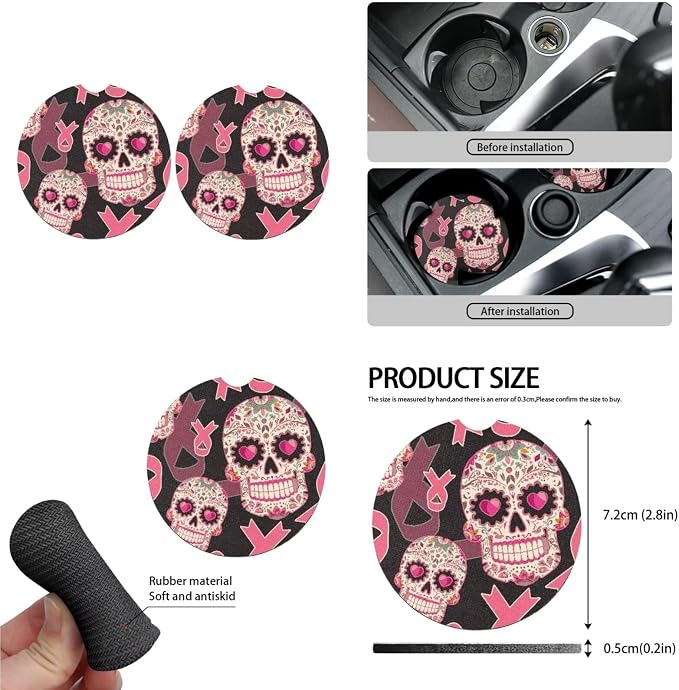 Pink Ribbon Sugar Skull Car Seat Cover Set of 13, Breast Cancer Awareness Stretchy Steering Wheel Cover, Skulls Ribbons Seat Belt Cover Cup Holder Pad, Easy to Clean