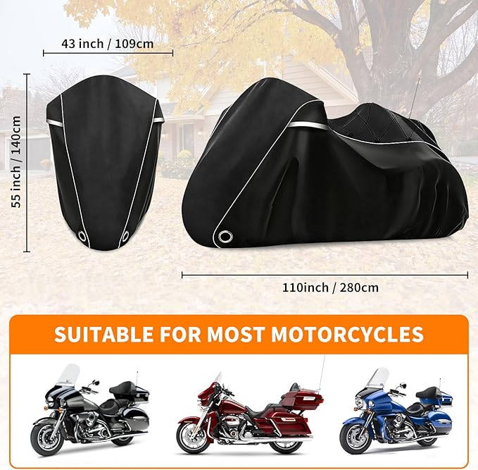 COVERVIN Motorcycle Cover with Side+Top Box Heavy Duty 420D Waterproof for Harley Davidson Ultra Ltd, Road Glide Ltd, Honda Gold Wing, Road Master, Indian, Indoor & Outdoor Storage Black