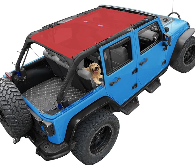 JK Sun Shade Top Compatible with Jeep Wrangler 4 Door 2007 to 2018 Sunshade Sunroof Bikini Cover Blocks UV Wind Noise Cherry Red Mesh for Full Length