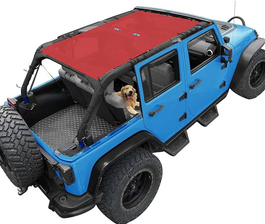 JK Sun Shade Top Compatible with Jeep Wrangler 4 Door 2007 to 2018 Sunshade Sunroof Bikini Cover Blocks UV Wind Noise Cherry Red Mesh for Full Length
