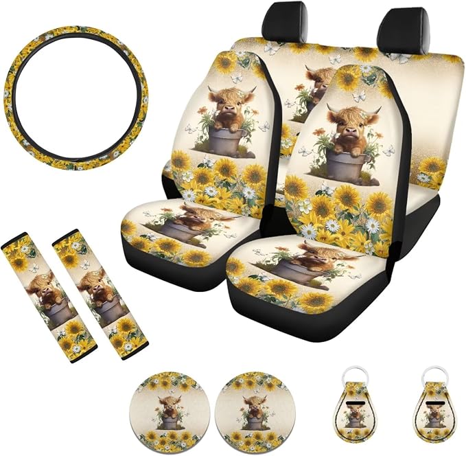 POLERO Sunflower Highland Cow Seat Covers for Cars Cute Car Accessories 11pcs Steering Wheel Cover Set with Seat Belt Covers