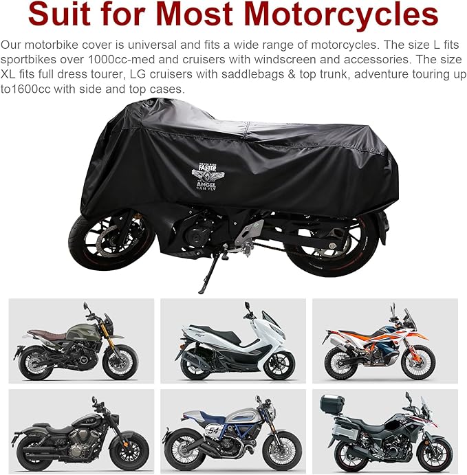 Dream Apparel Motorcycle Half Cover, Waterproof Motorcycle Cover for Outdoor, Rain Snow Dust Protection Universal Fit Heavy Duty Motorbike Vehicle Cover with Storage Bag, Black with Wing Wheel XL