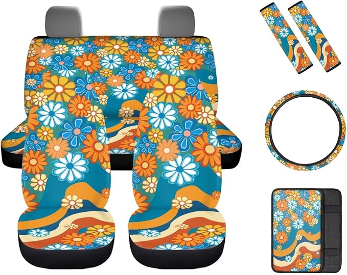 Hippie Floral Pattern Car Seat Covers Full Set for Women, Car Steering Wheel Cover Protector, Auto Center Console Pad, Auto Seat Belt Pads, 8 Pcs Automotive Interior Accessories