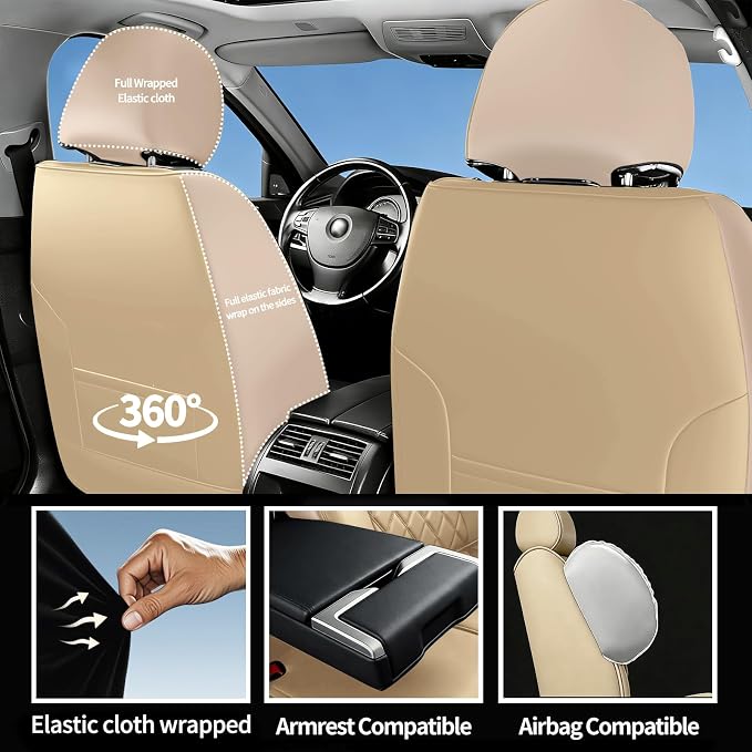 Car Seat Covers Compatible with Ford Taurus 2002-2019 - Full Set 5 Seats Luxury Leather All-Weather Seat Cushions & Protectors, Waterproof & Breathable(Beige)
