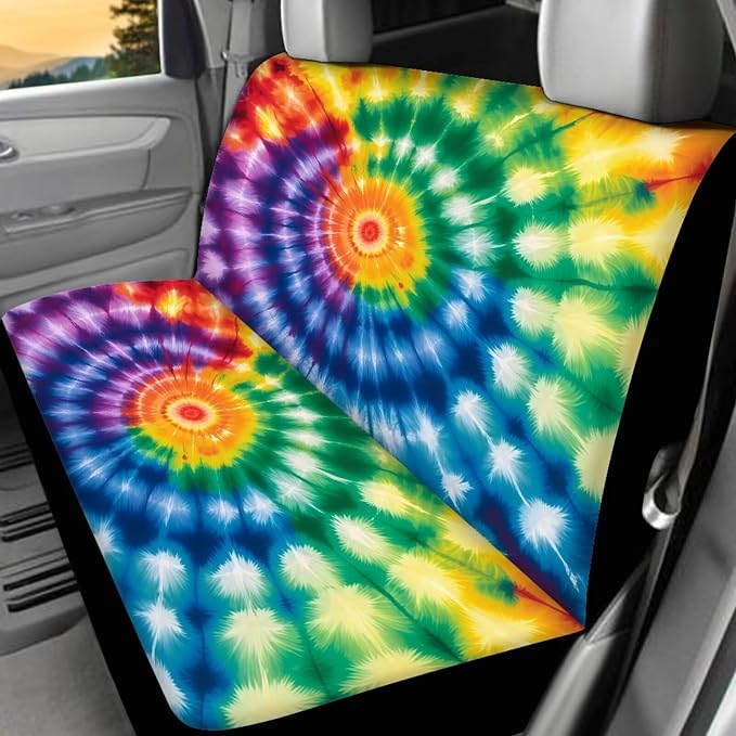 Tie Dye Car Cover Seats Full Set with Vehicle Front Rear Carpets Mats Seat Belt Cover Pad Steering Wheel Cover Lipstick Holder Keychain Rainbow Tie Dye Car Accessories Set 17Pcs for Women Man