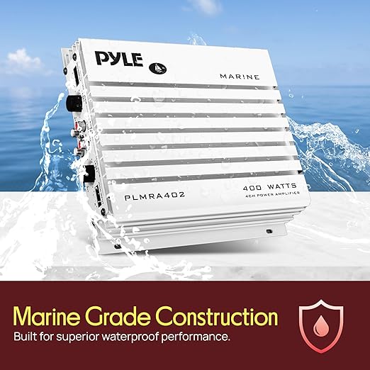 Pyle Hydra Marine 400W 4-Channel Amplifier - Waterproof with Dual MOSFET Power Supply - GAIN level Controls - RCA Input - LED Indicator - Compact Design for Boat/Vehicle Audio - PLMRA402
