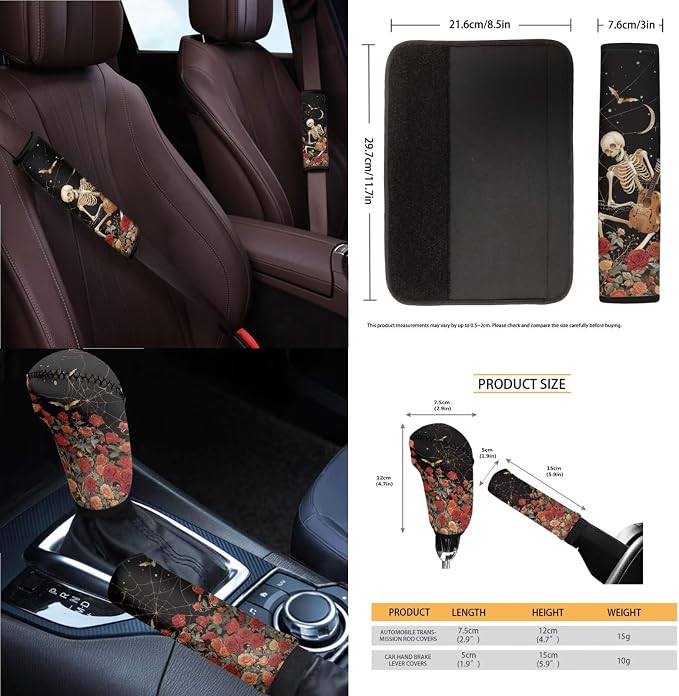 Skeleton Rose Print Full Set Car Seat Covers with Accessories Decorative Front and Rear Split Bench Seat Covers Steering Wheel Cover Armrest Cushion Universal Fit Sedan SUV Truck