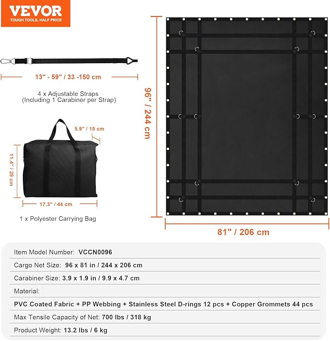 VEVOR Waterproof Cargo Net, 96 in x 81 in, Heavy Duty Truck Cargo Net-(WLL) 700lbs, 4 Adjustable Straps with Carabiners & S-Hooks, Truck Bed Cover for Trailer, Pickup, Boat, Jeep, SUV 6.75' x 8'