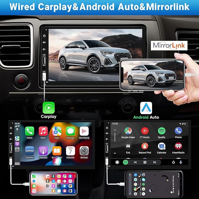 Leadfan Double Din Car Stereo Radio Support Apple Carplay&Android Auto, 7inch HD Touchscreen Double Din Radio with Bluetooth, Car Audio Receivers, Camera, MirrorLink, FM Radio, 2 USB/TF/AUX/Subwoofer