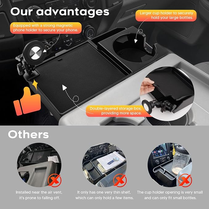 Karltys Front Center Seat Headrest Organizer for Ford F-150 F-250 F-350 F-450 F-550 F-650 2011-2026, Only for Jump Seat Console, Storage Tray with Magnetic Phone Holder and Cup Holder
