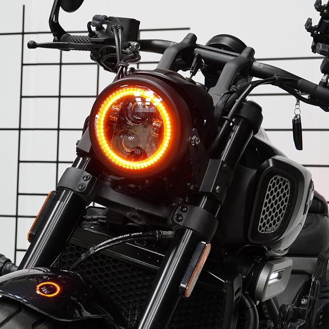 5.75inch 5-3/4 Black Motorcycle Headlight Smoked Amber Halo DRL with Matte Black Housing Bucket 32-40mm Fork Tube Side Mount Brackets Compatible with Motorbikes