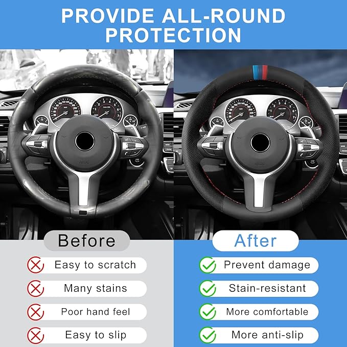 Microfiber Leather DIY Steering Wheel Cover for BMW X5 X2 M F85 X6 M F86 M Sport F30 F33 M3 F80 M4 M5 F82 M2 F87 M6 F12 F13 Accessories, Hand Stitched Full Wrap Steering Wheel Protector (Black)
