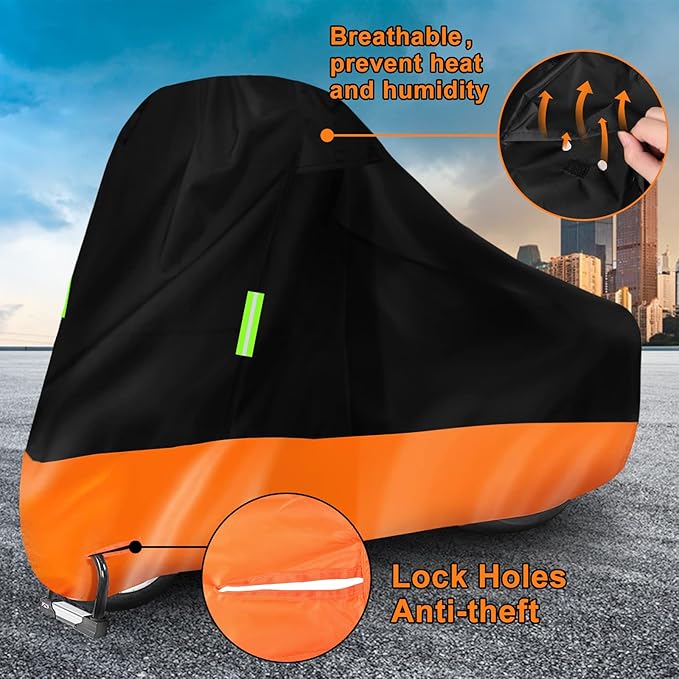 Waterproof Motorcycle Cover Replace for Harley Davidson Cruiser Iron 883/FAT BOY 114/HERITAGE Classic 114 with Anti-Theft Lock Hole & Reflective Strips for Outdoor Rain Snow Protection(86-94in)