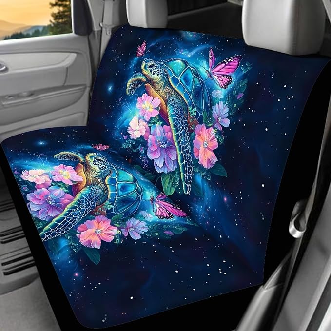 Sea Turtle Car Cover Seats Full Set with Steering Wherl Cover Seat Belt Cover Pad Turtle Flower Car Accessories Set 17 Pcs Car Floor Mats Set of 4 Auto Supplies for Women,Universal Fit