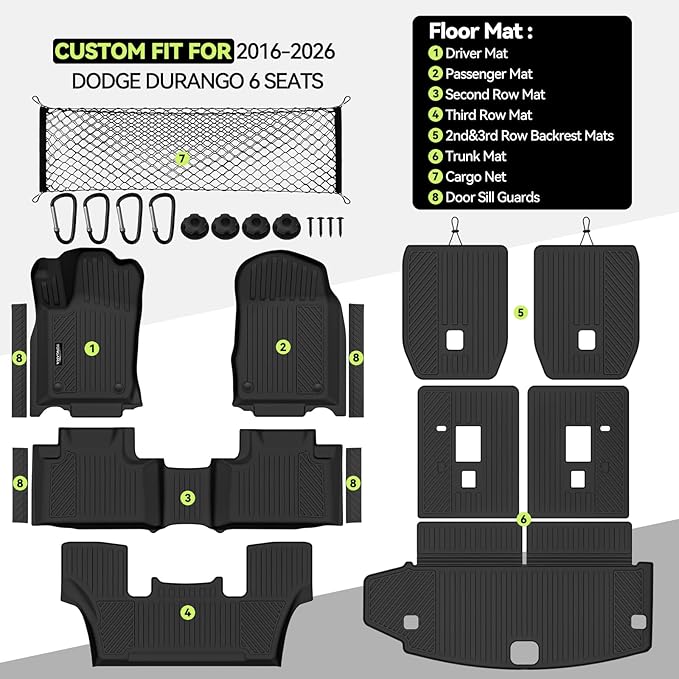 Tongama-Floor Mats for 2016-2026 Dodge Durango 6 Seat with Bucket Seats, All Weather TPE Trunk Mat & 2nd/3rd Row Backrest Mats & Cargo Net & Door Sill Guards for Durango Floor Liner Accessories