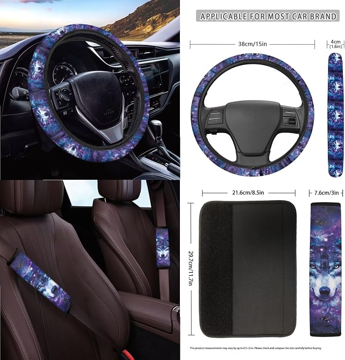 Wolf Galaxy Butterfly Print Full Set with Front Back Seats Steering Wheel Covers, Trash Can, Air Vent Bag, Auto Seat Belt Pads, Mirror Cushion, Cup Holder Coaster for Women Men