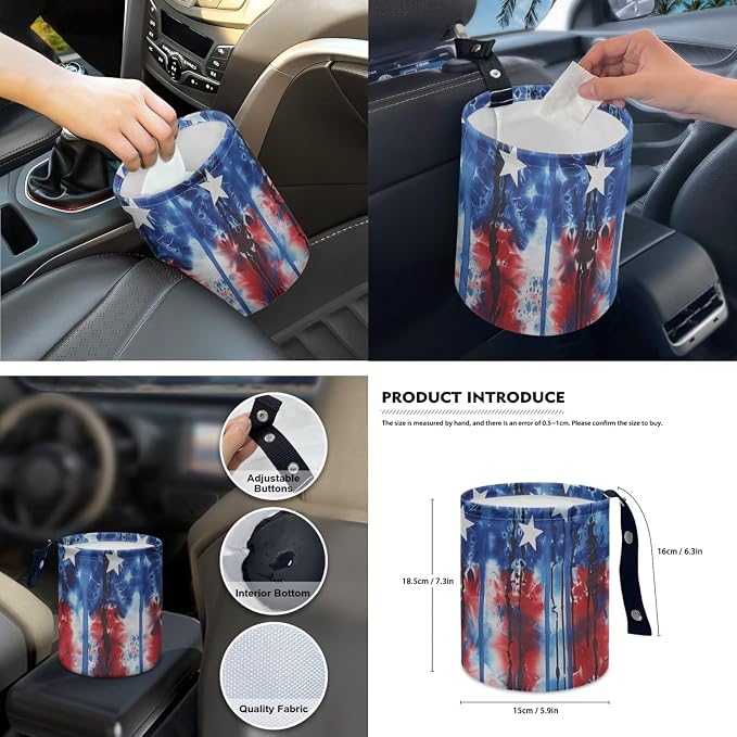 Patriotic Auto Interior Accessories USA Flag Car Seat Covers with Auto Steering Wheel Cover Seat Belt Covers Car Trash Can View Mirror Cover Coaster Keychains