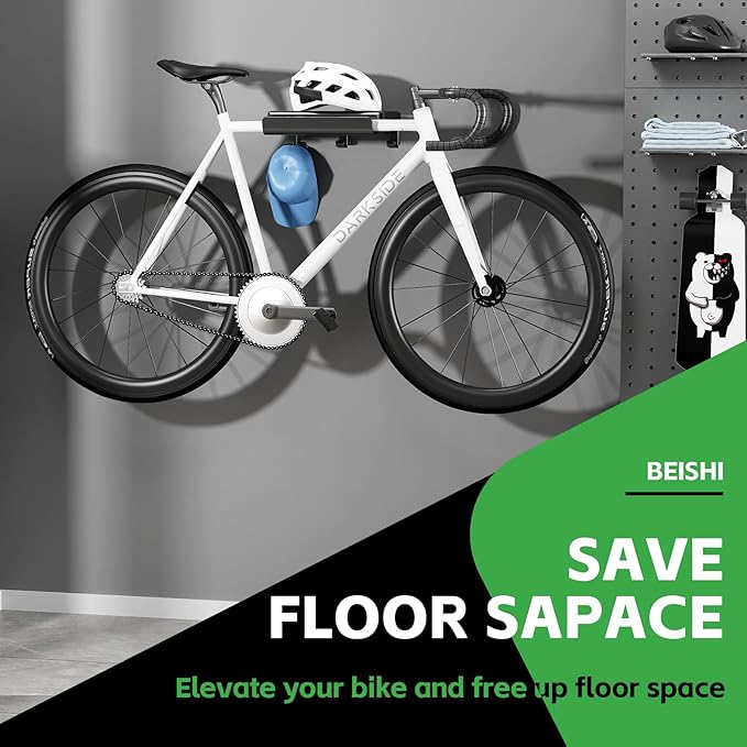 Bike Wall Mount Rack Indoor Bike Storage Garage Bike Rack Wall Mount with Shelf and Hooks Store Your Helmet and Shoes for a Single Road, Mountain or Other Bicycle (Universal Size)