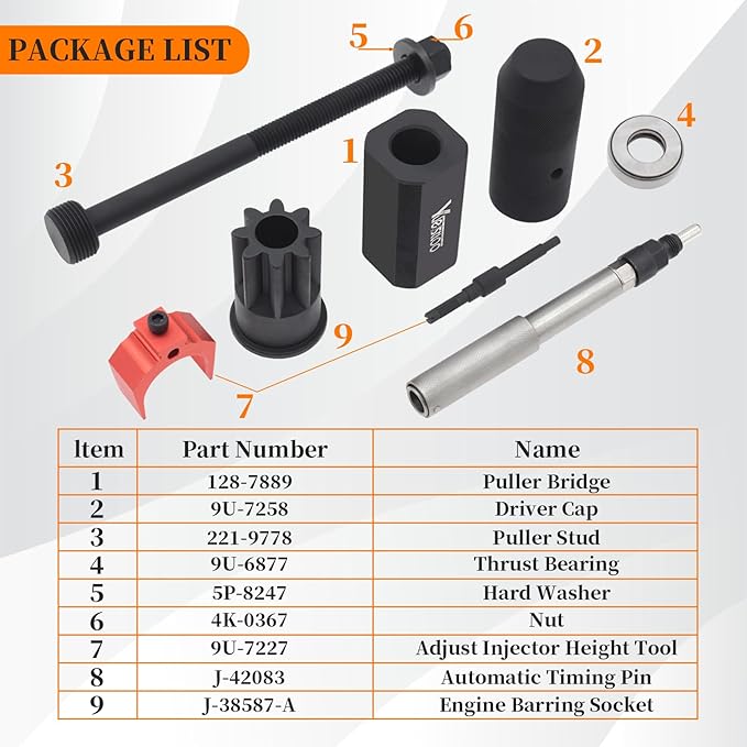 9U-6891 Injector Sleeve Remover Installer Set + J-42083 Automatic Timing Pin + 9U-7227 Injector Height Tool + J-38587-A Engine Barring Socket Fits for CAT Caterpillar 3406E C15 C16 Engines