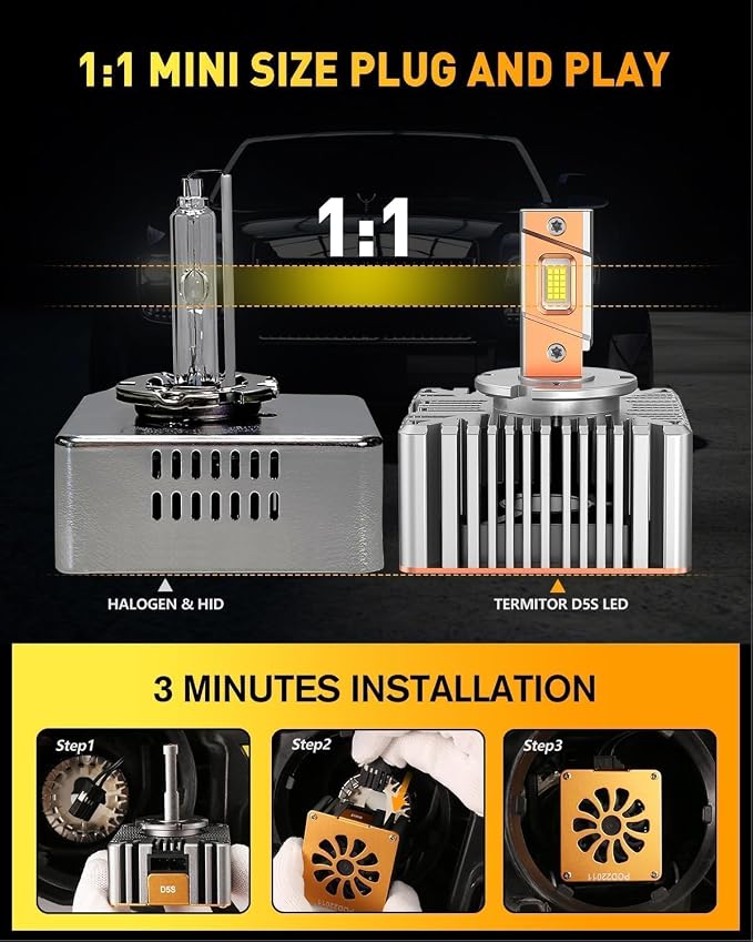 Termitor D5S Fog Light Bulbs, 80,000LM 6500K, Pack of 2 | 1:1 OEM Size, IP68 Waterproof, Long Service Life, Fast Install for Off-Road & Fog Use